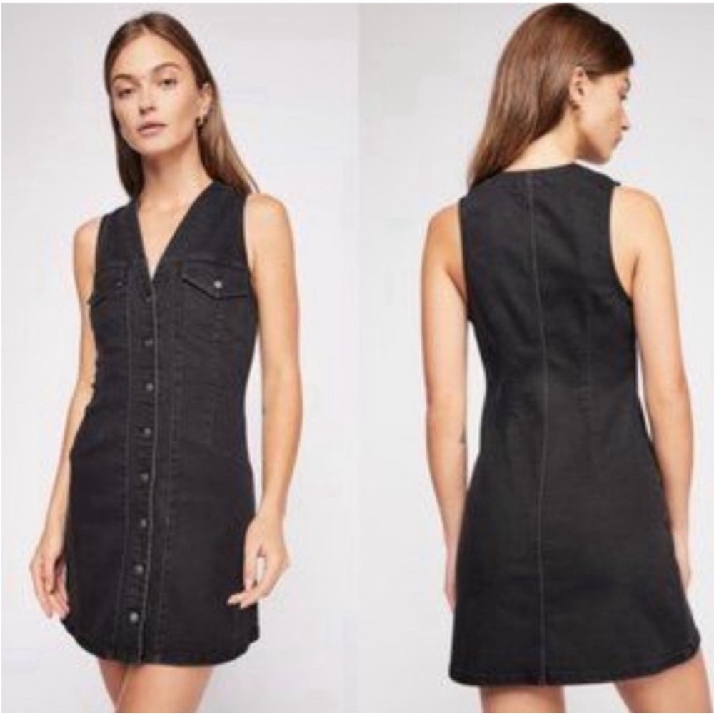 Free People Wandering Star Black Denim Button Down Mini Dress